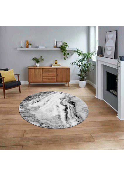 Dijital Kaymaz Taban Yıkanabilir Yuvarlak Mermer Desen Mutfak Salon Halısı, V-Y-Mermer-26-Siyah,