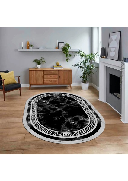 Dijital Kaymaz Taban Yıkanabilir Oval Mermer Desen Mutfak Salon Halısı, V-O-Mermer-21-Siyah,