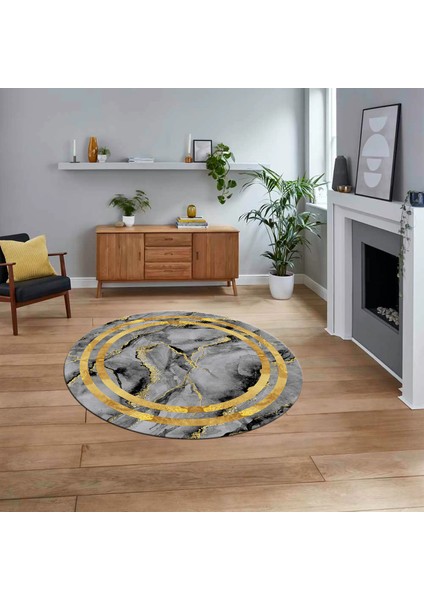 Dijital Kaymaz Taban Yıkanabilir Yuvarlak Mermer Desen Mutfak Salon Halısı, V-Y-Mermer-04-Gold,
