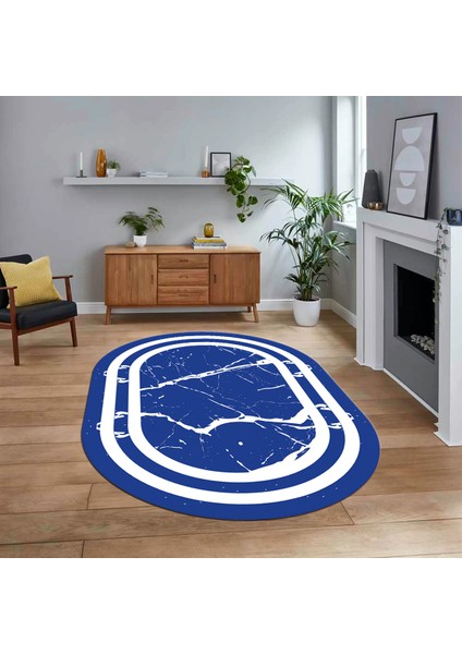 Dijital Kaymaz Taban Yıkanabilir Oval Mermer Desen Mutfak Salon Halısı, V-O-Mermer-22-Mavi,