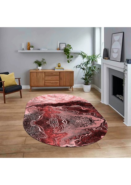 Dijital Kaymaz Taban Yıkanabilir Oval Mermer Desen Mutfak Salon Halısı, V-O-Mermer-25-Bordo,