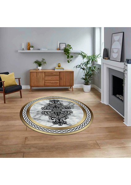 Dijital Kaymaz Taban Yıkanabilir Yuvarlak Mermer Desen Mutfak Salon Halısı, V-Y-Mermer-09-Gold,