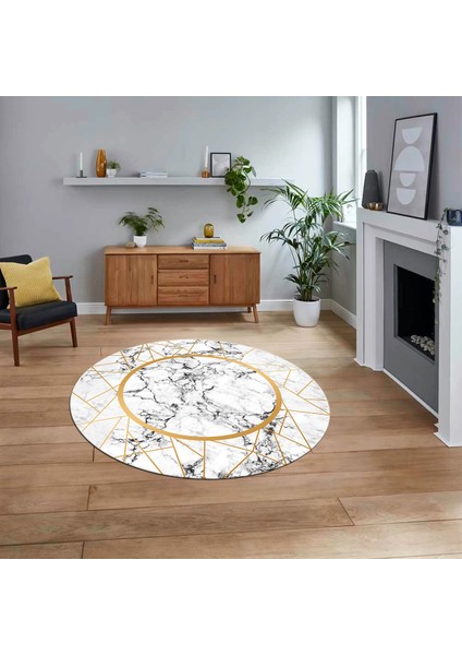 Dijital Kaymaz Taban Yıkanabilir Yuvarlak Mermer Desen Mutfak Salon Halısı, V-Y-Mermer-11-Gold,