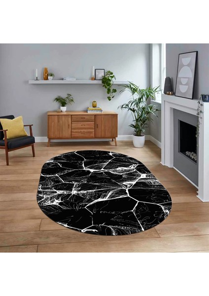 Dijital Kaymaz Taban Yıkanabilir Oval Mermer Desen Mutfak Salon Halısı, V-O-Mermer-01-Siyah,