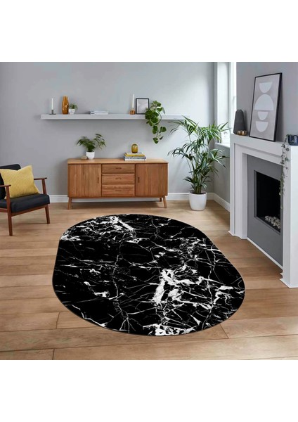 Dijital Kaymaz Taban Yıkanabilir Oval Mermer Desen Mutfak Salon Halısı, V-O-Mermer-27-Siyah,
