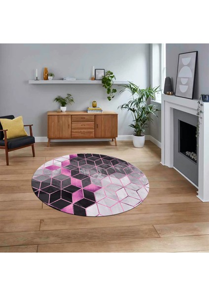Dijital Kaymaz Taban Yıkanabilir Yuvarlak Mermer Desen Mutfak Salon Halısı, V-Y-Mermer-19-Pembe,