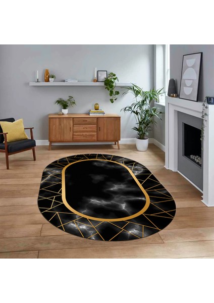Dijital Kaymaz Taban Yıkanabilir Oval Mermer Desen Mutfak Salon Halısı, V-O-Mermer-24-Siyah,