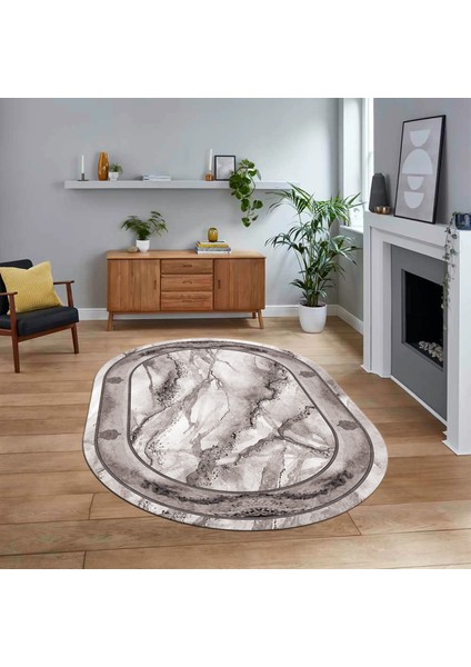 Dijital Kaymaz Taban Yıkanabilir Oval Mermer Desen Mutfak Salon Halısı, V-O-Mermer-03-Gri,