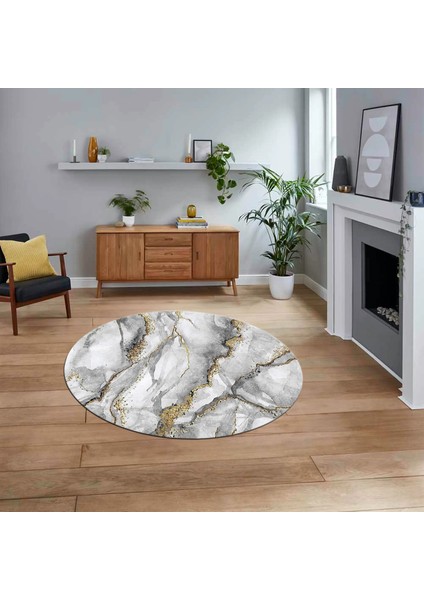 Dijital Kaymaz Taban Yıkanabilir Yuvarlak Mermer Desen Mutfak Salon Halısı, V-Y-Mermer-02-Gri,
