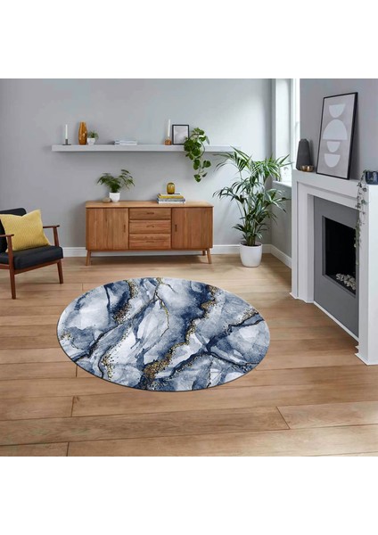 Dijital Kaymaz Taban Yıkanabilir Yuvarlak Mermer Desen Mutfak Salon Halısı, V-Y-Mermer-02-Mavi,