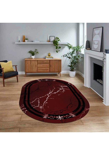 Dijital Kaymaz Taban Yıkanabilir Oval Mermer Desen Mutfak Salon Halısı, V-O-Mermer-08-Bordo,