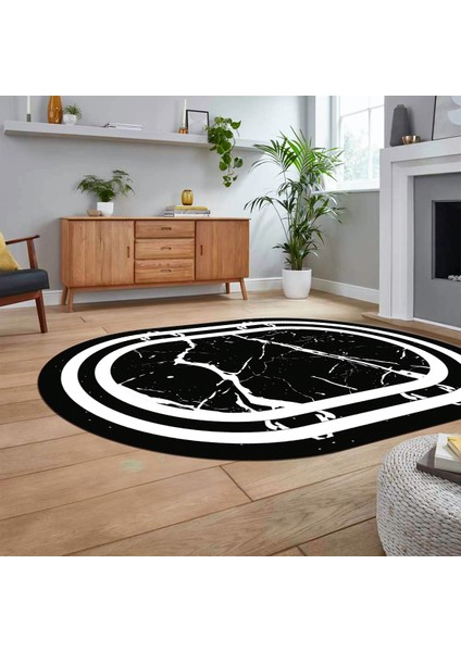 Dijital Kaymaz Taban Yıkanabilir Oval Mermer Desen Mutfak Salon Halısı, V-O-Mermer-22-Siyah,