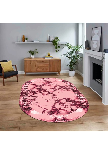 Dijital Kaymaz Taban Yıkanabilir Oval Mermer Desen Mutfak Salon Halısı, V-O-Mermer-30-Pembe,