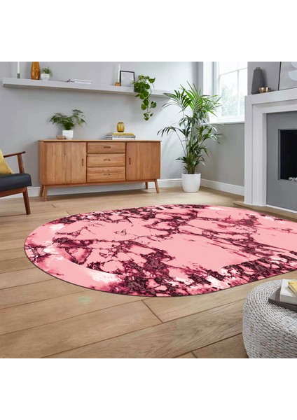 Dijital Kaymaz Taban Yıkanabilir Oval Mermer Desen Mutfak Salon Halısı, V-O-Mermer-30-Pembe,