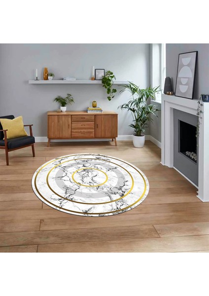 Dijital Kaymaz Taban Yıkanabilir Yuvarlak Mermer Desen Mutfak Salon Halısı, V-Y-Mermer-16-Beyaz,