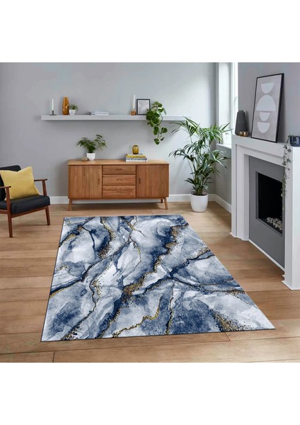 Dijital Baskılı Kaymaz Taban Yıkanabilir Mermer Desen Mutfak Salon Halısı, V-Mermer-02-Mavi,