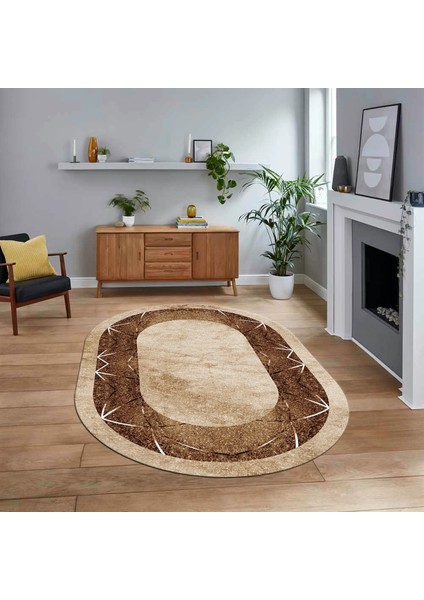 Dijital Kaymaz Taban Yıkanabilir Oval Mermer Desen Mutfak Salon Halısı, V-O-Mermer-13-Kahve,