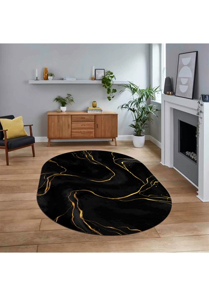 Dijital Kaymaz Taban Yıkanabilir Oval Mermer Desen Mutfak Salon Halısı, V-O-Mermer-29-Siyah,