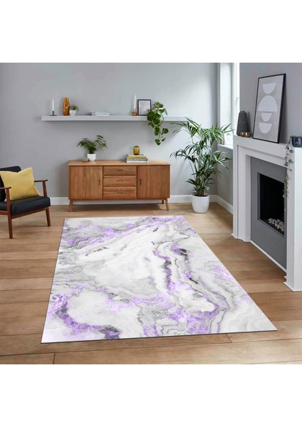 Dijital Baskılı Kaymaz Taban Yıkanabilir Mermer Desen Mutfak Salon Halısı, V-Mermer-26-Mor,