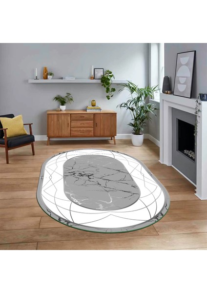Dijital Kaymaz Taban Yıkanabilir Oval Mermer Desen Mutfak Salon Halısı, V-O-Mermer-17-Gri,