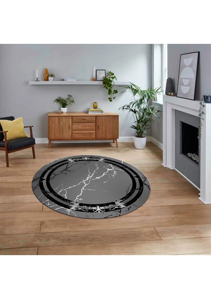 Dijital Kaymaz Taban Yıkanabilir Yuvarlak Mermer Desen Mutfak Salon Halısı, V-Y-Mermer-08-Antrasit,