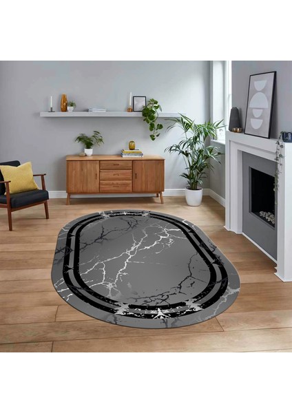 Dijital Kaymaz Taban Yıkanabilir Oval Mermer Desen Mutfak Salon Halısı, V-O-Mermer-08-Antrasit,
