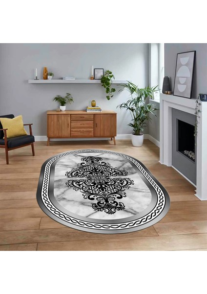 Dijital Kaymaz Taban Yıkanabilir Oval Mermer Desen Mutfak Salon Halısı, V-O-Mermer-09-Gri,