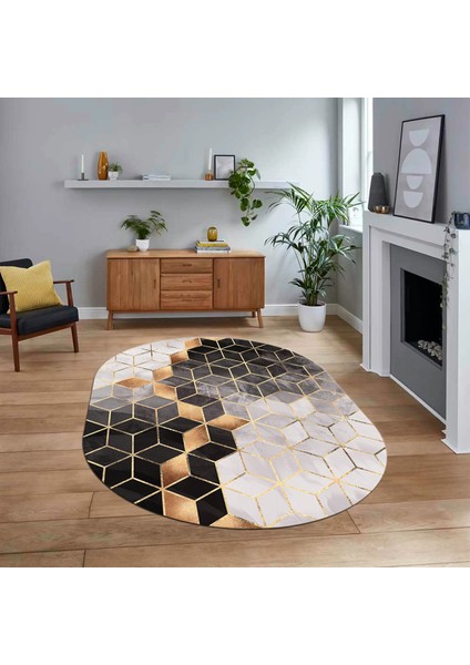 Dijital Kaymaz Taban Yıkanabilir Oval Mermer Desen Mutfak Salon Halısı, V-O-Mermer-19-Gold,