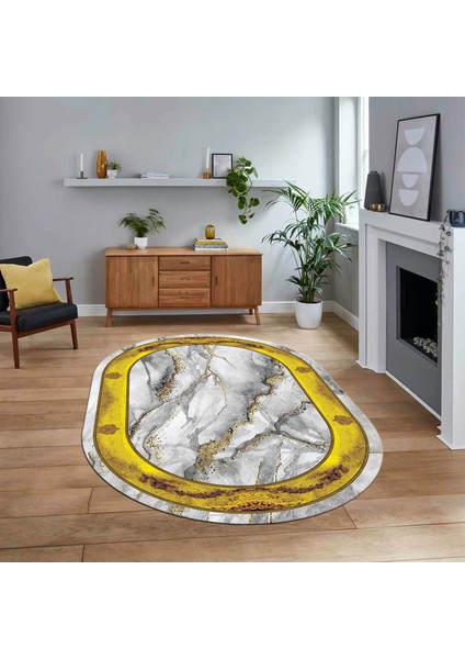 Dijital Kaymaz Taban Yıkanabilir Oval Mermer Desen Mutfak Salon Halısı, V-O-Mermer-03-Gold,