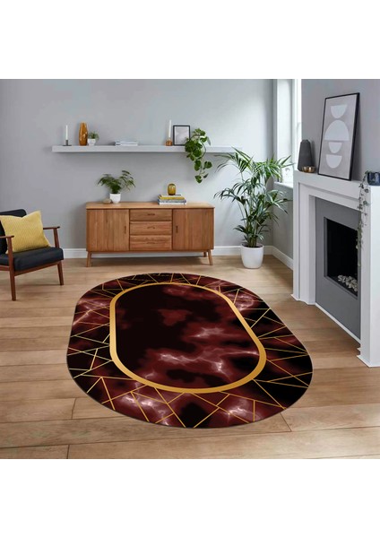 Dijital Kaymaz Taban Yıkanabilir Oval Mermer Desen Mutfak Salon Halısı, V-O-Mermer-24-Bordo,
