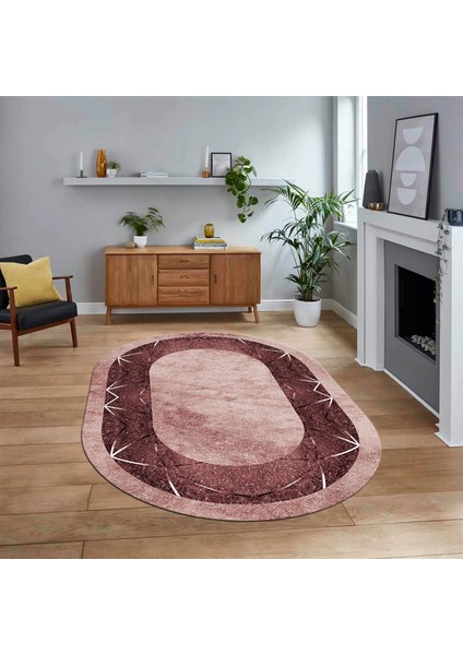 Dijital Kaymaz Taban Yıkanabilir Oval Mermer Desen Mutfak Salon Halısı, V-O-Mermer-13-Bordo,
