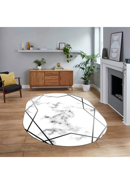 Dijital Kaymaz Taban Yıkanabilir Oval Mermer Desen Mutfak Salon Halısı, V-O-Mermer-15-Gümüş,