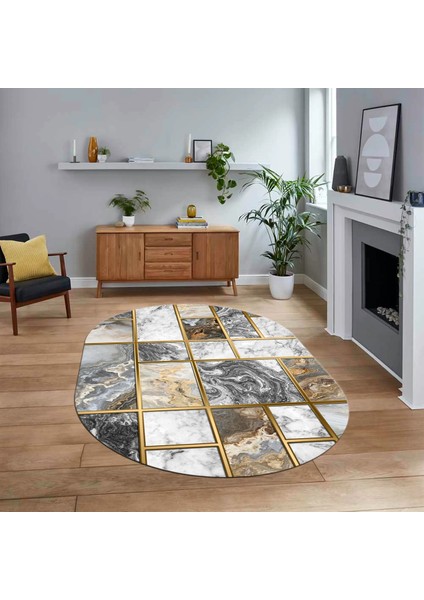 Dijital Kaymaz Taban Yıkanabilir Oval Mermer Desen Mutfak Salon Halısı, V-O-Mermer-28-Gri,