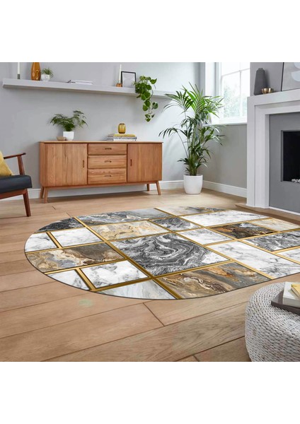 Dijital Kaymaz Taban Yıkanabilir Oval Mermer Desen Mutfak Salon Halısı, V-O-Mermer-28-Gri,