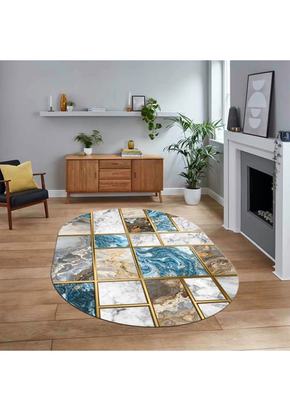 Dijital Kaymaz Taban Yıkanabilir Oval Mermer Desen Mutfak Salon Halısı, V-O-Mermer-28-Mavi,