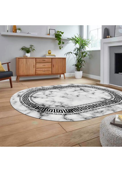 Dijital Kaymaz Taban Yıkanabilir Oval Mermer Desen Mutfak Salon Halısı, V-O-Mermer-14-Siyah,