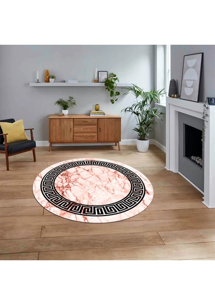 Dijital Kaymaz Taban Yıkanabilir Yuvarlak Mermer Desen Mutfak Salon Halısı, V-Y-Mermer-12-Pembe,
