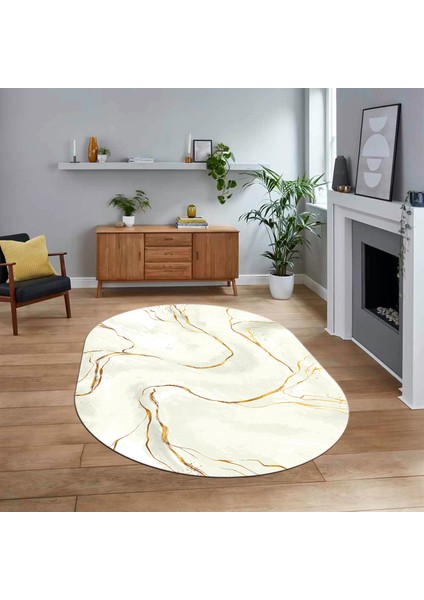 Dijital Kaymaz Taban Yıkanabilir Oval Mermer Desen Mutfak Salon Halısı, V-O-Mermer-29-Krem,