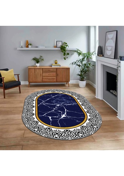 Dijital Kaymaz Taban Yıkanabilir Oval Mermer Desen Mutfak Salon Halısı, V-O-Mermer-10-Lacivert,