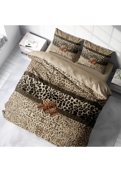 Leopar ( Lastikli Çarşaflı ) Çift Kişilik Nevresim Takımı Özel Dokuma Pamuk Saten Leopard Fabric