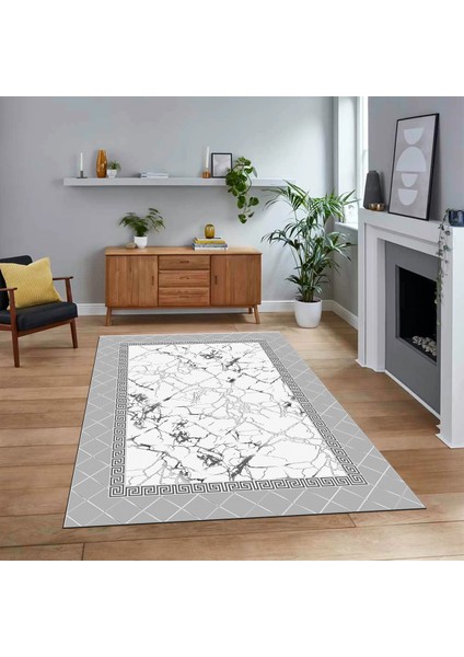 Dijital Baskılı Kaymaz Taban Yıkanabilir Mermer Desen Mutfak Salon Halısı, V-Mermer-23-Gri,