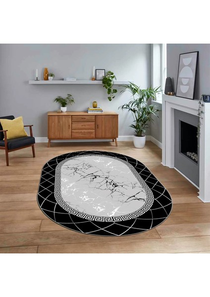 Dijital Kaymaz Taban Yıkanabilir Oval Mermer Desen Mutfak Salon Halısı, V-O-Mermer-23-Siyah,