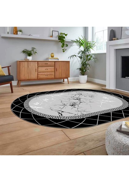 Dijital Kaymaz Taban Yıkanabilir Oval Mermer Desen Mutfak Salon Halısı, V-O-Mermer-23-Siyah, fiyatları