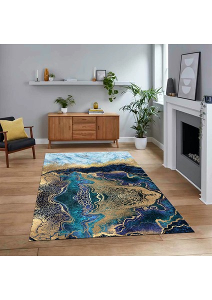 Dijital Baskılı Kaymaz Taban Yıkanabilir Mermer Desen Mutfak Salon Halısı, V-Mermer-25-Mavi,