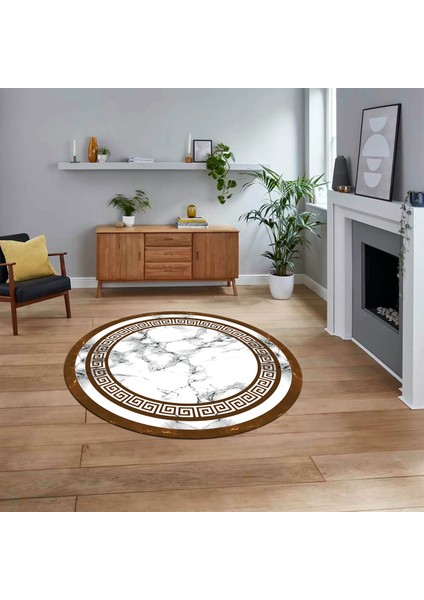 Dijital Kaymaz Taban Yıkanabilir Yuvarlak Mermer Desen Mutfak Salon Halısı, V-Y-Mermer-21-Kahve,