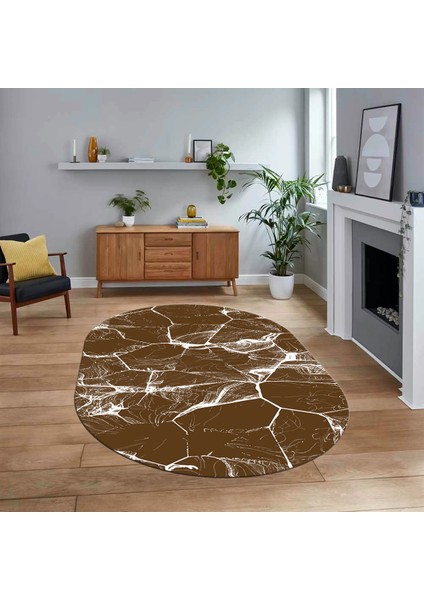 Dijital Kaymaz Taban Yıkanabilir Oval Mermer Desen Mutfak Salon Halısı, V-O-Mermer-01-Kahve,
