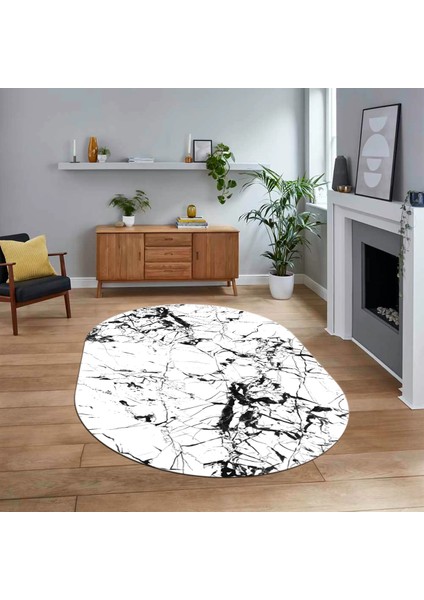 Dijital Kaymaz Taban Yıkanabilir Oval Mermer Desen Mutfak Salon Halısı, V-O-Mermer-27-Beyaz,