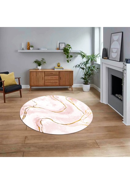 Dijital Kaymaz Taban Yıkanabilir Yuvarlak Mermer Desen Mutfak Salon Halısı, V-Y-Mermer-29-Pembe,
