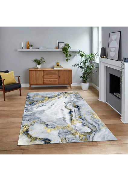 Dijital Baskılı Kaymaz Taban Yıkanabilir Mermer Desen Mutfak Salon Halısı, V-Mermer-26-Mavi,