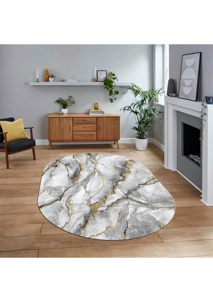Dijital Kaymaz Taban Yıkanabilir Oval Mermer Desen Mutfak Salon Halısı, V-O-Mermer-02-Gri,